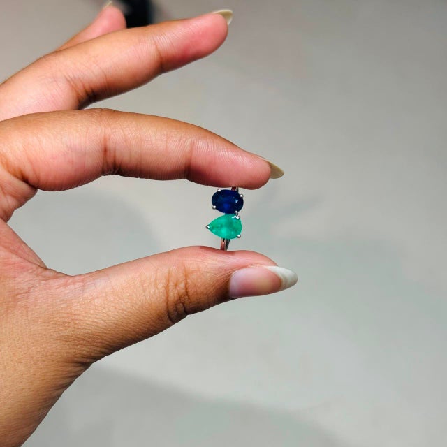 Not Yet Made - Made To Order Contemporary 2.66ct Emerald & Blue Sapphire Toi Et Moi Ring in 14k Gold Size 9 For Sale - Image 5 of 16