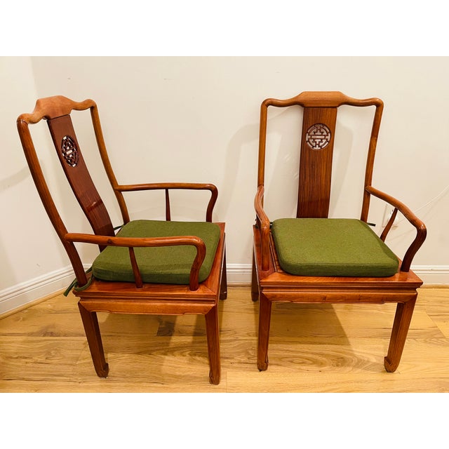 Gorgeous Pair of 1960s Chinese Teak Wood Horseback Armchairs For Sale - Image 9 of 10