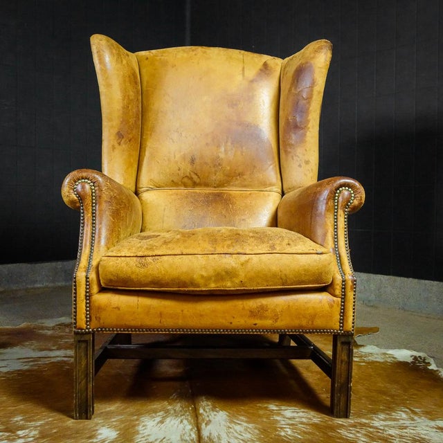 Animal Skin Vintage Tan Leather Wingback Armchair For Sale - Image 7 of 7