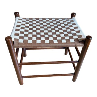 Mid 20th Century Shaker Bench Stool Maple Hardwood Hand Woven Checkerboard Seat For Sale