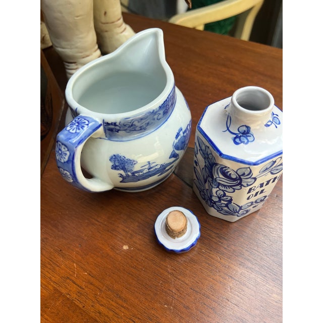 1970s 1970s Pair of Blue and White Ceramic Dishes- Pitcher and Bath Oil Jar For Sale - Image 5 of 6