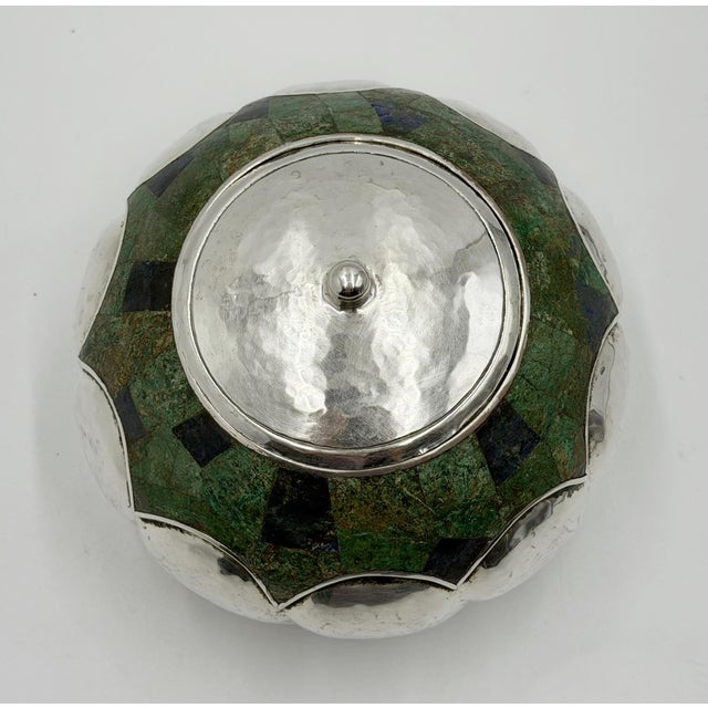 Modern Los Castillo Taxco Silver Plate & Malachite Lidded Bowl, Mexico 1960s For Sale - Image 3 of 18
