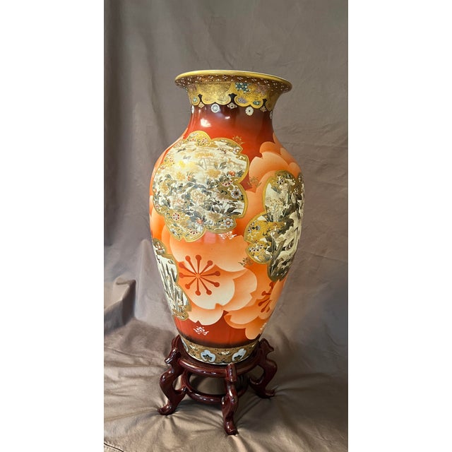 Antique Japanese Meiji Period Satsuma Floor Vase on Stand, Hand Painted Bird Panels, 21” For Sale - Image 4 of 11