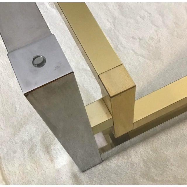 Pierre Cardin Style Mid-Century Modern Two Toned Polished Brass and Chrome Square Glass Coffee Table For Sale In Greenville, SC - Image 6 of 13