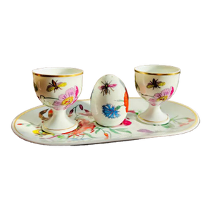 1980s Gucci Bernardaud Limoges Floral & Butterfly Print Porcelain Egg Cup and Salt Shaker Set, Made in France - 4 pcs
