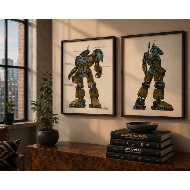 Two Original Sci-Fi Movie Concept Paintings 1993 Jamie Rama "Manned Armed Droid Fighter" For Sale - Image 4 of 15