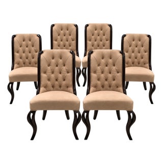 Set of 6 Elegant Beige Tufted Dining Chairs With Sculptural Black Wood Frames For Sale