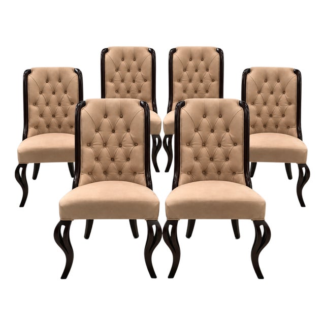 Set of 6 Elegant Beige Tufted Dining Chairs With Sculptural Black Wood Frames For Sale