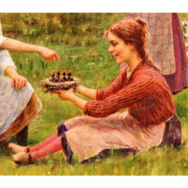 Wood Oil on Canvas "Feeding the Birds" by César Pattein ( French 1850 - 1931) For Sale - Image 7 of 12