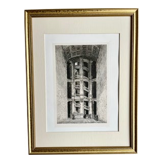 Antique French Etching Chateau Chambord Interior With Grand Staircase DaVinci Designed. For Sale