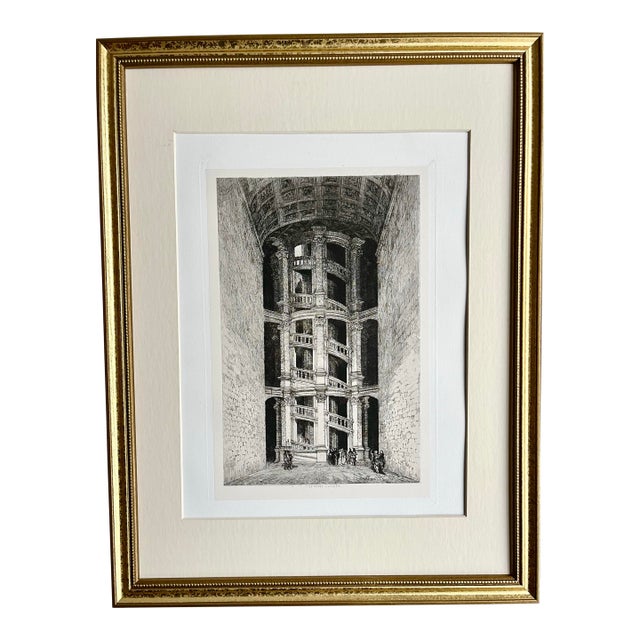 Antique French Etching Chateau Chambord Interior With Grand Staircase DaVinci Designed. For Sale