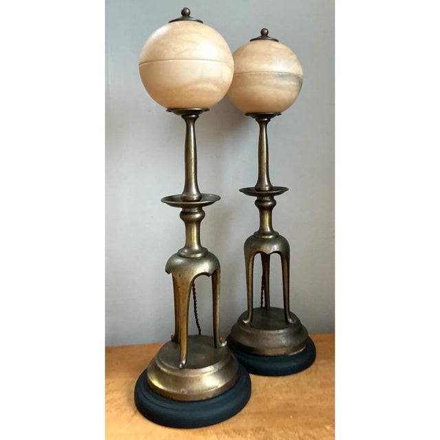 Mid 20th Century Vintage Brass and Alabaster Table Lamps - Pair For Sale - Image 5 of 12