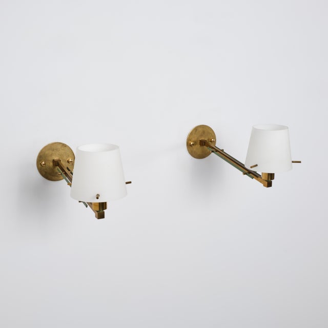 Italian Brass, Green Metal and Opaline Glass Wall Sconces, 1950s, Set of 2 For Sale - Image 9 of 14