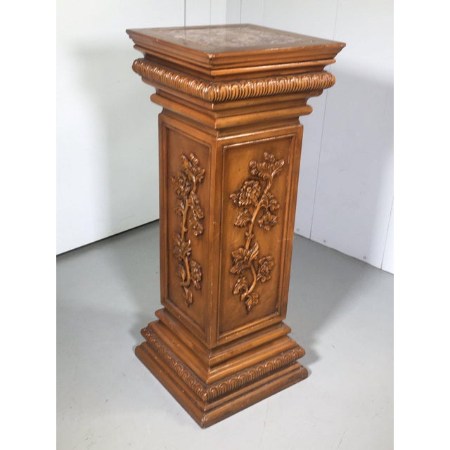 Traditional Vintage Carved Wooden Display Pedestal With Interior Cabinet For Sale - Image 3 of 7