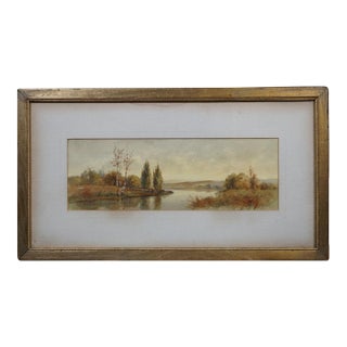 Antique Albert Matthews Panoramic Riverscape Landscape Watercolor Painting 22" For Sale