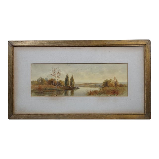 Antique Albert Matthews Panoramic Riverscape Landscape Watercolor Painting 22" For Sale