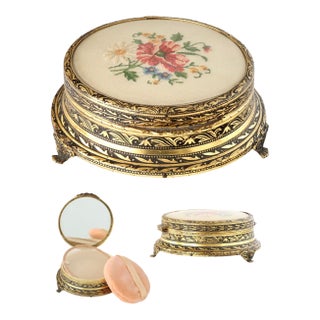 Midcentury Petit Point Vanity Powder Box With Mirror For Sale