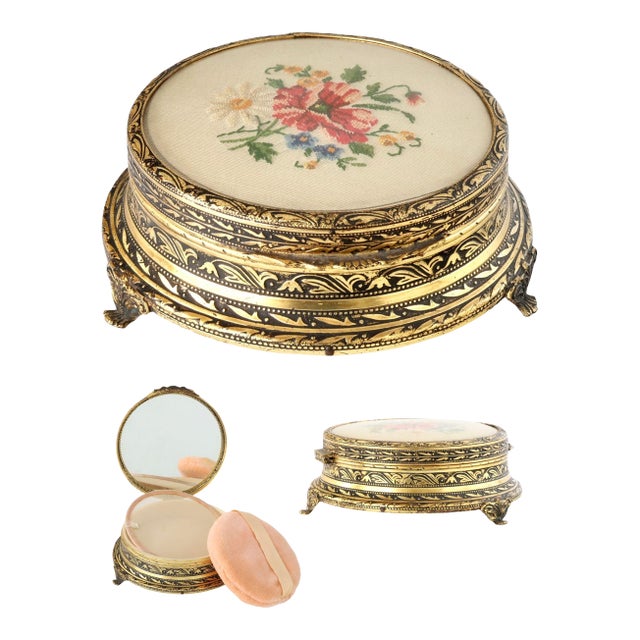 Midcentury Petit Point Vanity Powder Box With Mirror For Sale