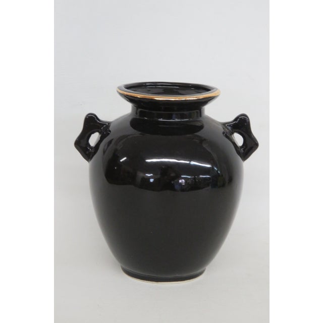 Japanese Porcelain Small Handled Vase Black With Gold Trim Floral Motif 5022b For Sale - Image 4 of 11
