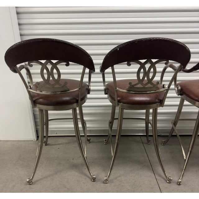 Chrome Swivel Seat Leather Wrapped & Hand-Forged Iron Rustic Modern Counter Height Bar Stools- Set of 4 For Sale - Image 9 of 12
