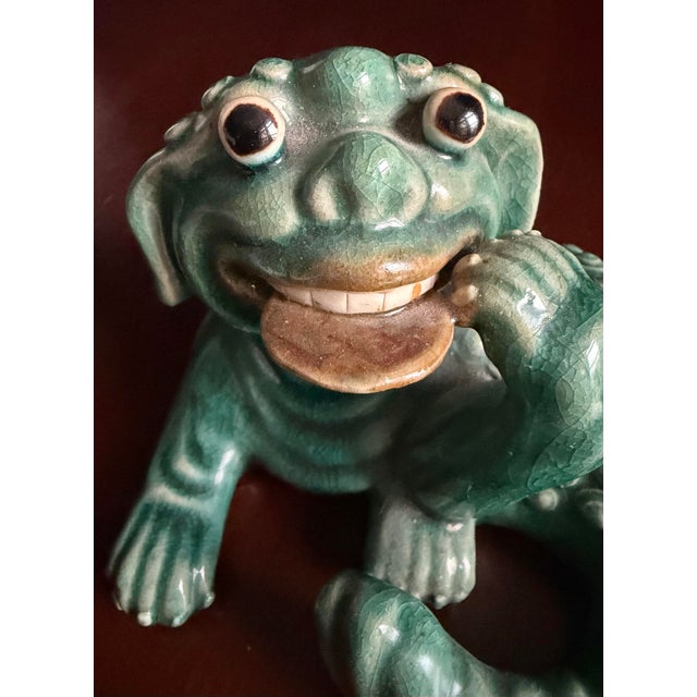 Ceramic Chinese Vintage Pair of Good Luck / Lucky Foo Dogs / Dragons With Coins in Their Mouths. Fabled to Bring Good Fortune and Good Luck. For Sale - Image 7 of 10