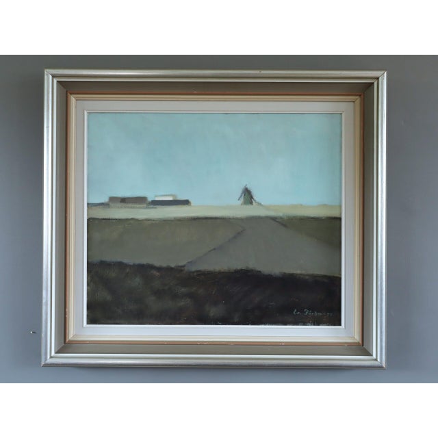 QUIET FIELDS Size: 24.2 x 28.1 inches (including frame) Oil on board A calm mid-century composition that presents a...