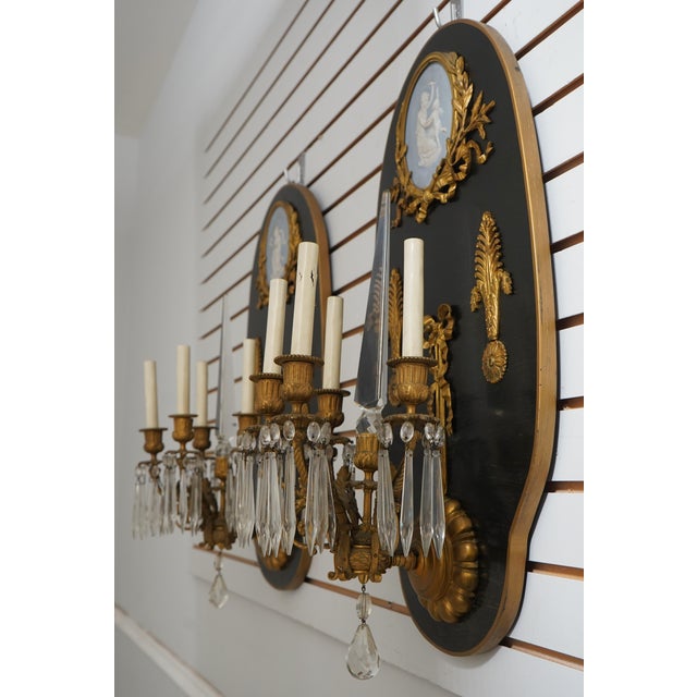 Neoclassical Vintage French Neoclassical Bronze Mounted Light Wall Sconces - Pair For Sale - Image 3 of 12