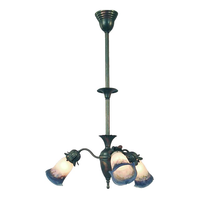 American 3-Light “Japanned” Chandelier, Multicolored Muller Art Glass Shades Ca. 1910 For Sale