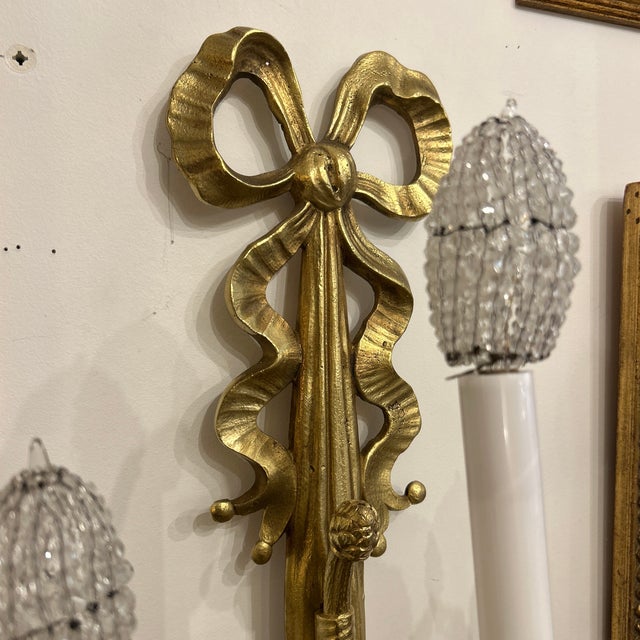 Brass Finish Metal Ribbon and Tassel 3 Arm Wall Sconce With Glass For Sale - Image 9 of 10