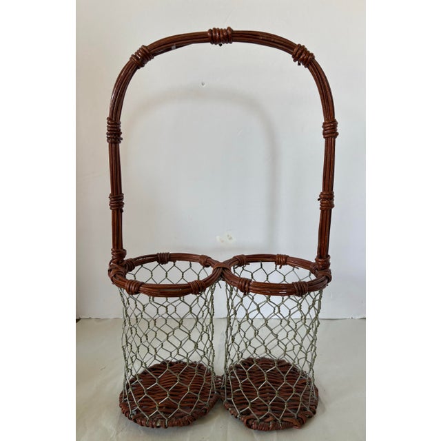 Boho Chic Vintage Boho Chic Wicker and Wire Double Wine Bottle Caddy With Handle For Sale - Image 3 of 5