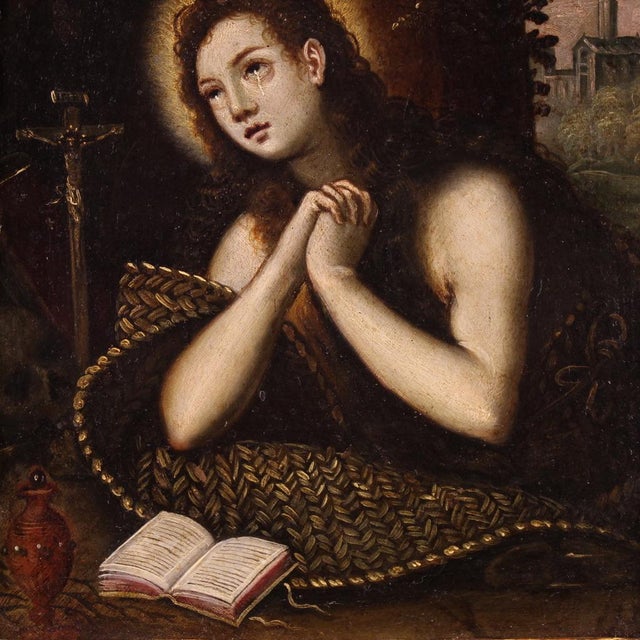 Venetian school painting, first half of the 17th century. Oil on copper artwork depicting Saint Mary Magdalene in...