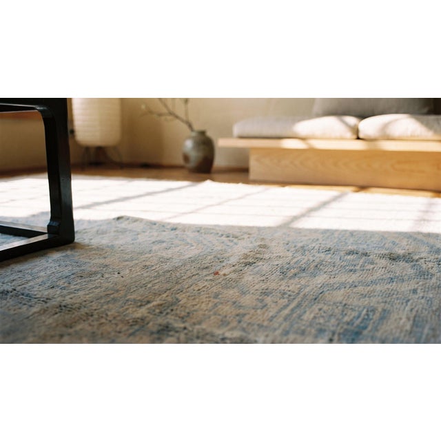 Sky Blue 1920s White Geoemtric Antique Indian Agra Cotton Rug 4' X 6'8" Handknotted Wool Carpet For Sale - Image 8 of 8