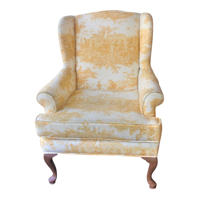 Yellow Chinoise and Queen Anne Legs Wingback Chair Chairish