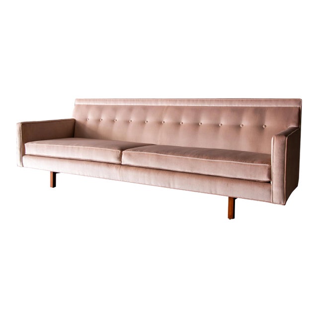 1950s Mid Century Modern Edward Wormley for Dunbar Bracket Back Sofa, Blush Velvet and Mahogany For Sale