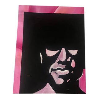 Mid Century Modern Abstract Portrait Painting Pink Black Face Original Art Vintage, Unknown Artist For Sale