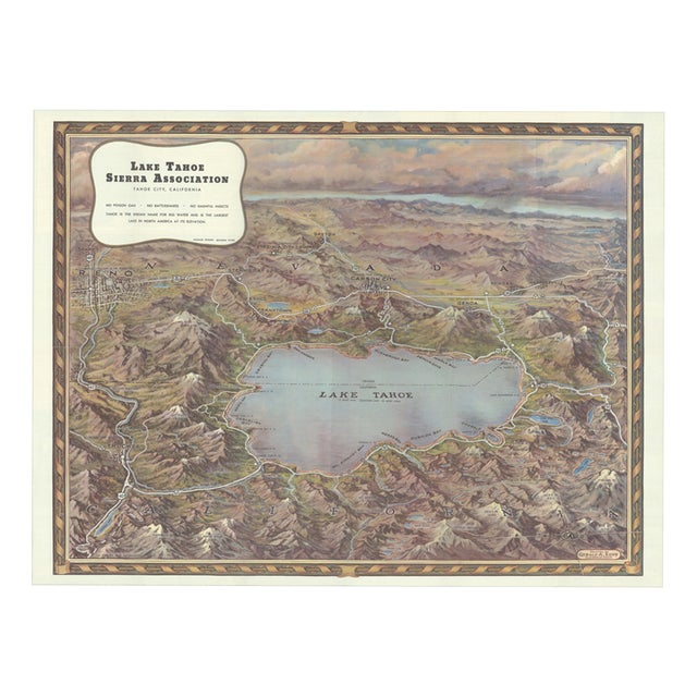 Vintage Lake Tahoe Birds-Eye View Pictorial Map from Gerald A. Eddy, 1945 For Sale