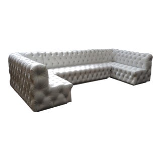White Tufted Chesterfield-Style L-Shaped Sectional Sofa | 3-Piece Pleather Corner Booth Seating For Sale