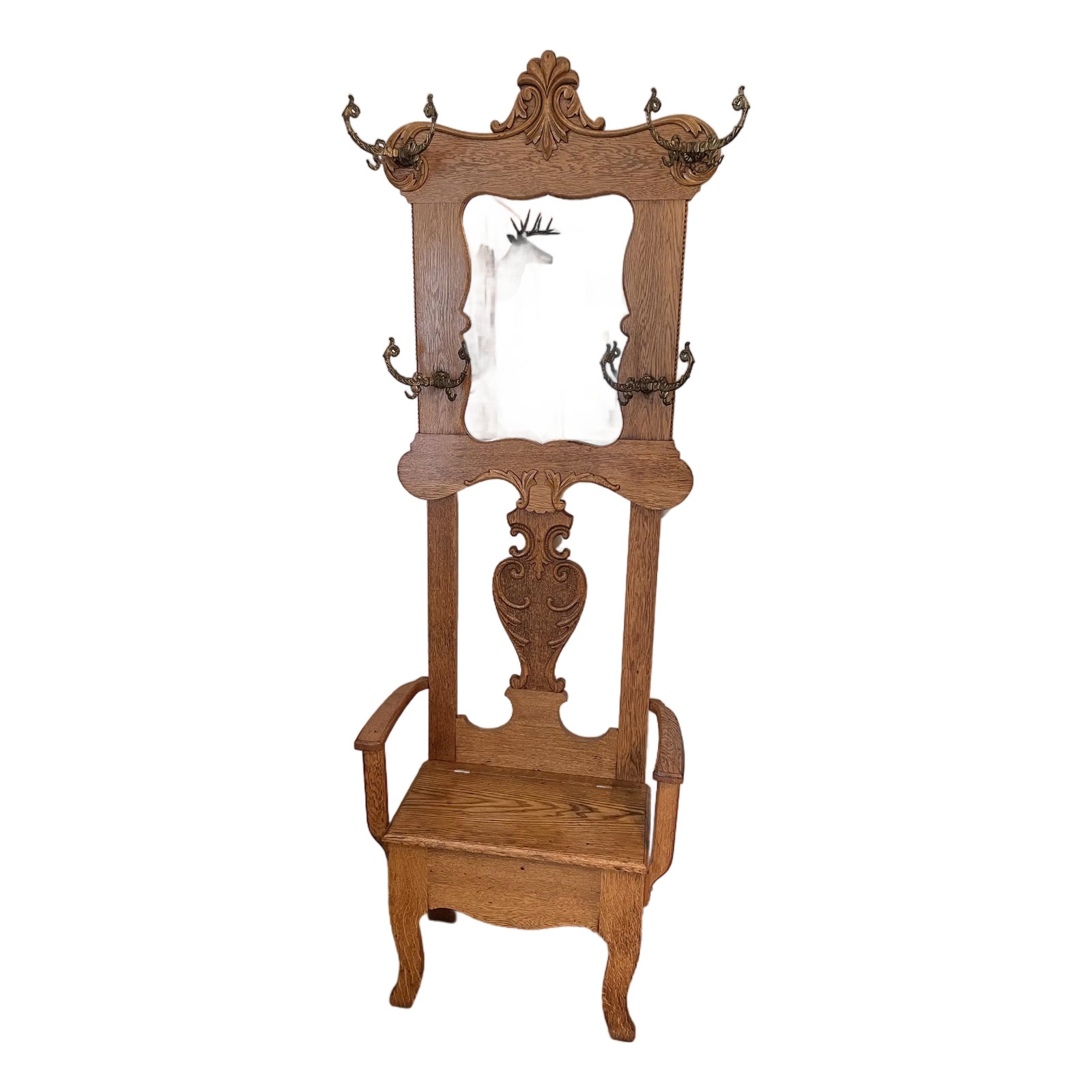 Vintage Oak Hall Tree W/ Cast Iron Coat Hooks | Chairish