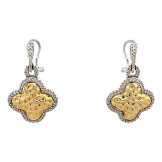 Diamond 14k Gold Dangle Earrings Four Leaf Clover Hammered Style, 2 pieces For Sale