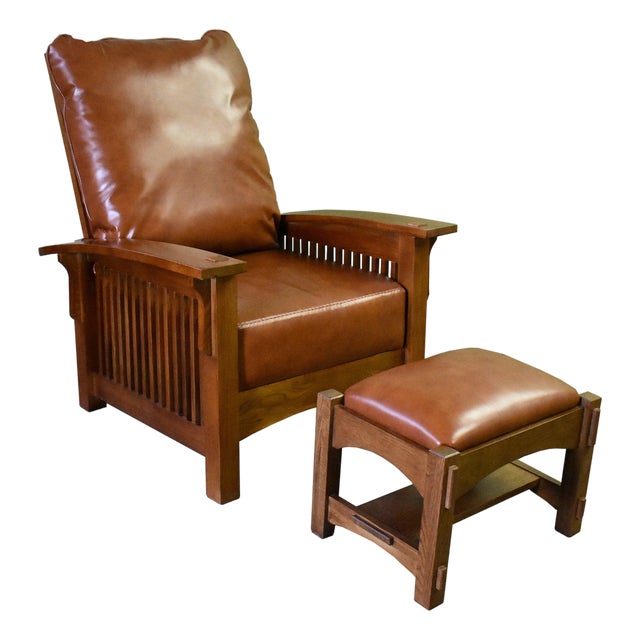 Craftsman-Mission Morris Arm Chair & Ottoman Set-Russet Brown Leather For Sale