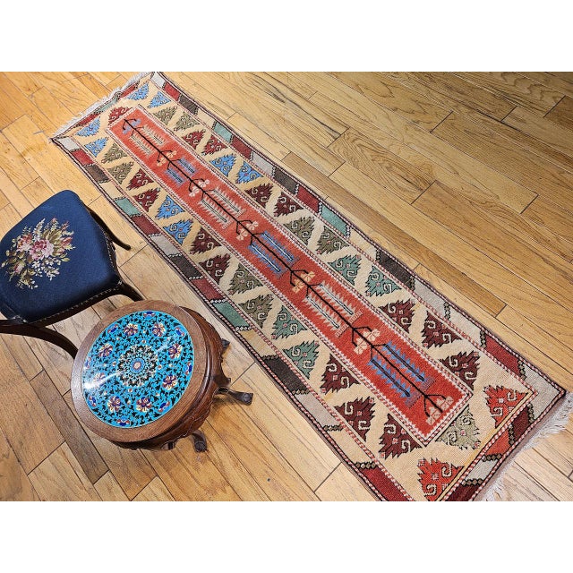 Brown Vintage Turkish Oushak Runner, Handwoven Wool Pile, Geometric Design, 3' x 9' For Sale - Image 8 of 16