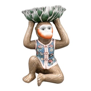 Vintage Ceramic Monkey With Bok Choy Bowl & Floral Vest — Chinoiserie / Hollywood Regency / Whimsical For Sale