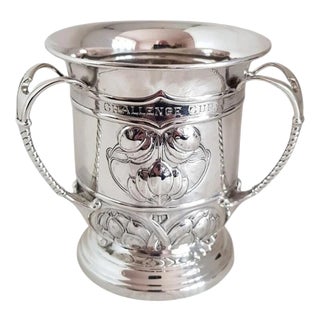 Art Nouveau Sterling Silver Challenge Trophy Cup on Wooden Base, 1908 For Sale