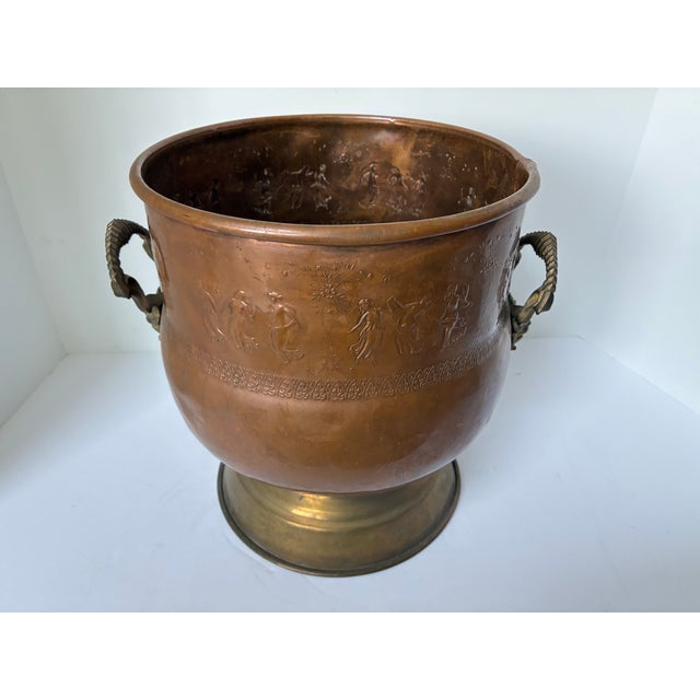Antique French Art Nouveau copper and brass decorative pot featuring intricate repousse (embossed) nymphs or dancing women...