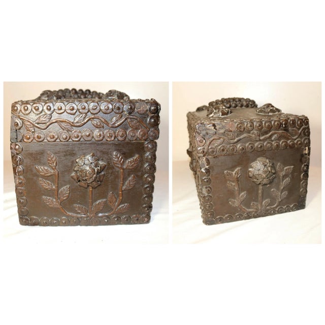 Brown Rare Quality Antique 1800s Victorian Handmade Floral Wood Box Sculpture Folk Art For Sale - Image 8 of 12