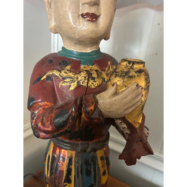 Antique Vietnamese Altar Maid Figurine Hand Carved Table Lamps - a Pair For Sale - Image 11 of 18
