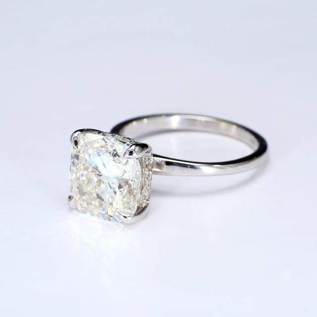 Modern 14k White Gold Ring With 5ct Cushion-Cut Lab-Grown Diamond G/Si1 & Hidden Halo, Size 6.25 For Sale - Image 3 of 10