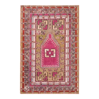 1850s Green Pink Medallion Antique Turkish Anatolian Melas Prayer Rug 4 X 6' Knotted Wool Carpet For Sale
