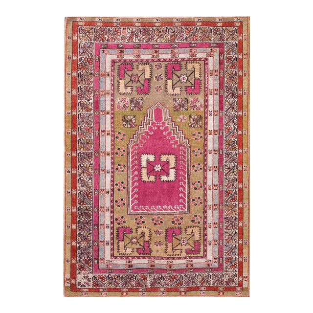 1850s Green Pink Medallion Antique Turkish Anatolian Melas Prayer Rug 4 X 6' Knotted Wool Carpet For Sale