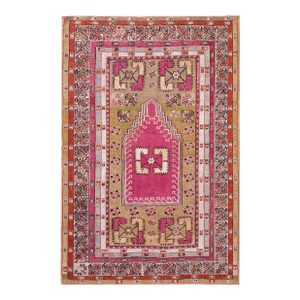 1850s Green Pink Medallion Antique Turkish Anatolian Melas Prayer Rug 4 X 6' Knotted Wool Carpet